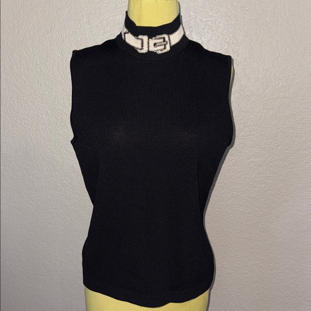 St John Sleeveless Mock Neck Knit Top with Contrast Collar with Buckle Design